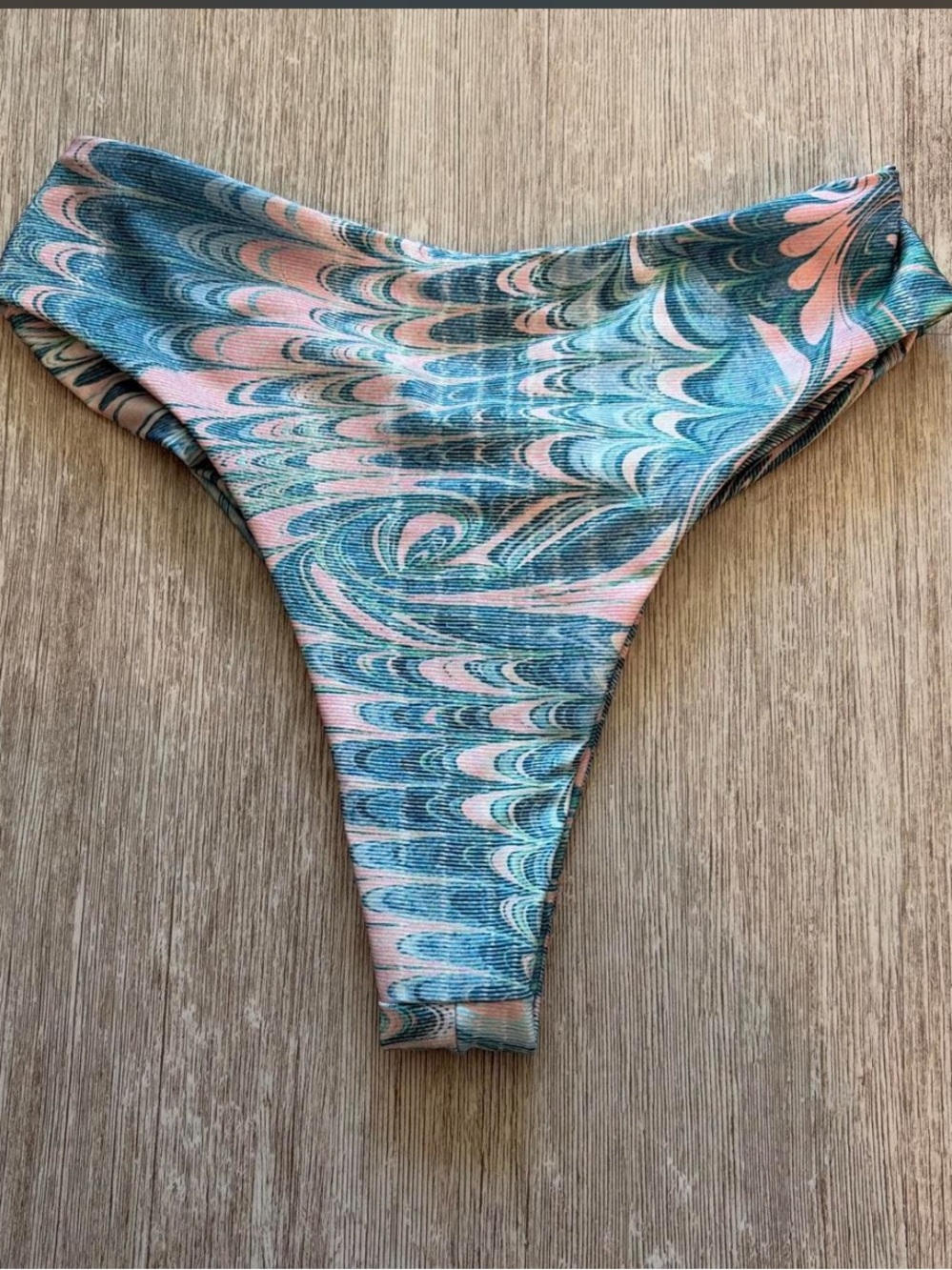Skatie Crush Marble-Print High-Cut Bikini Bottom in Teal & Pink